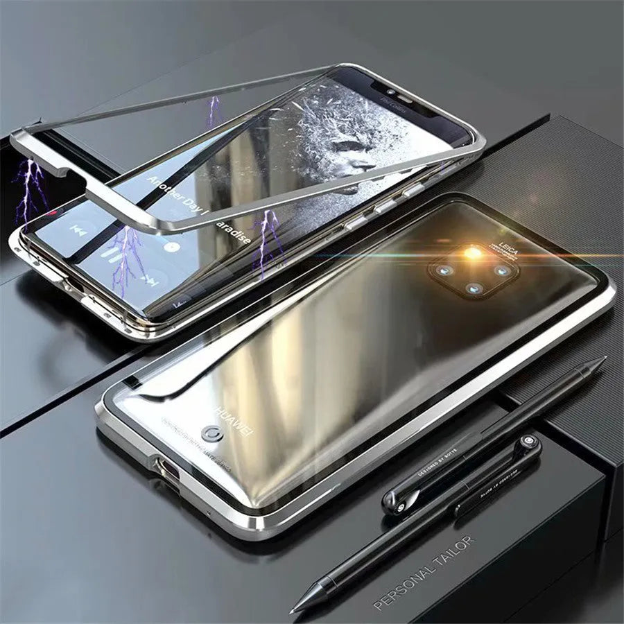 Magnetic phone case in black with 9H tempered glass back and metal frame for Huawei P30
