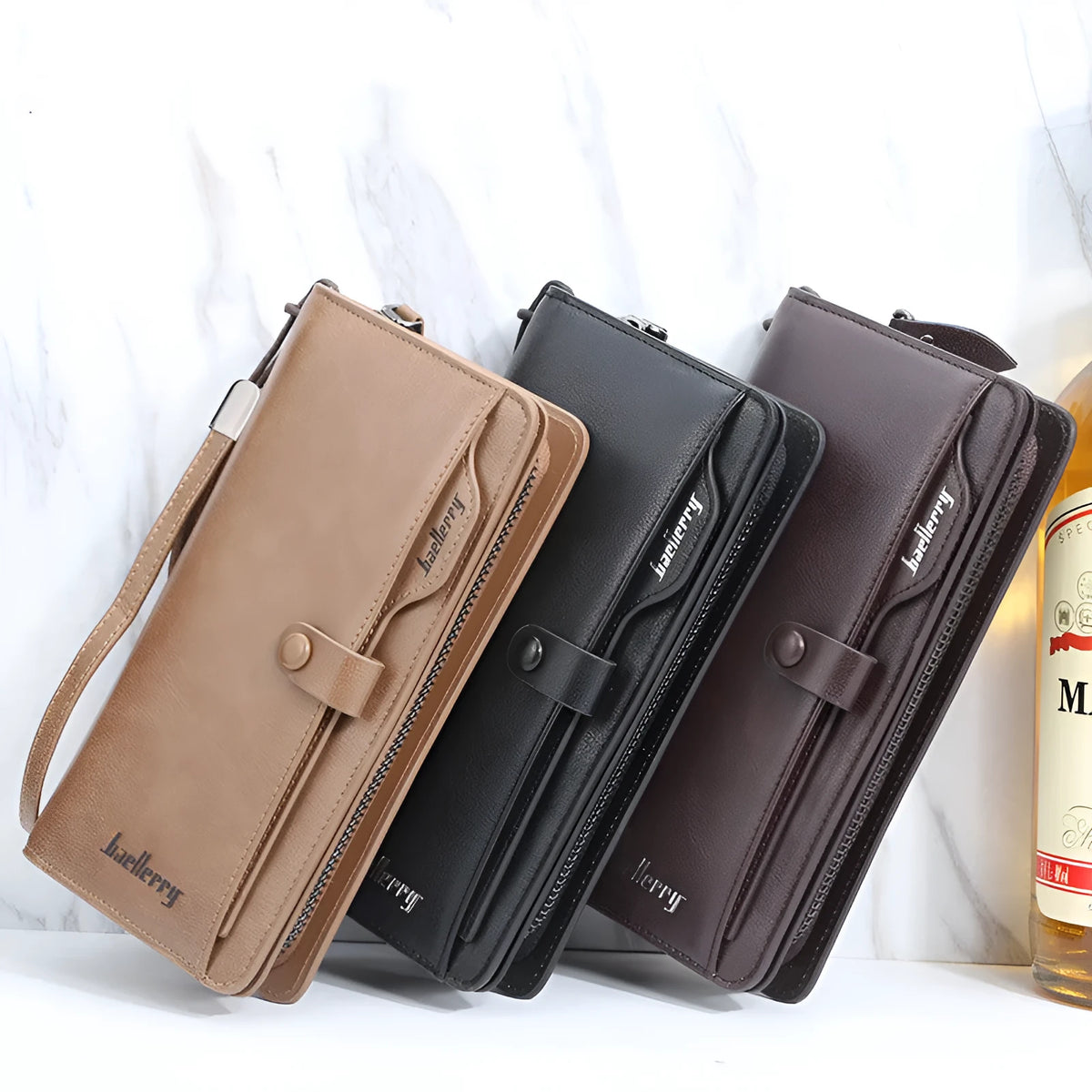 Men's retro PU leather multifunction phone bag wallet with anti-theft design and multiple card slots