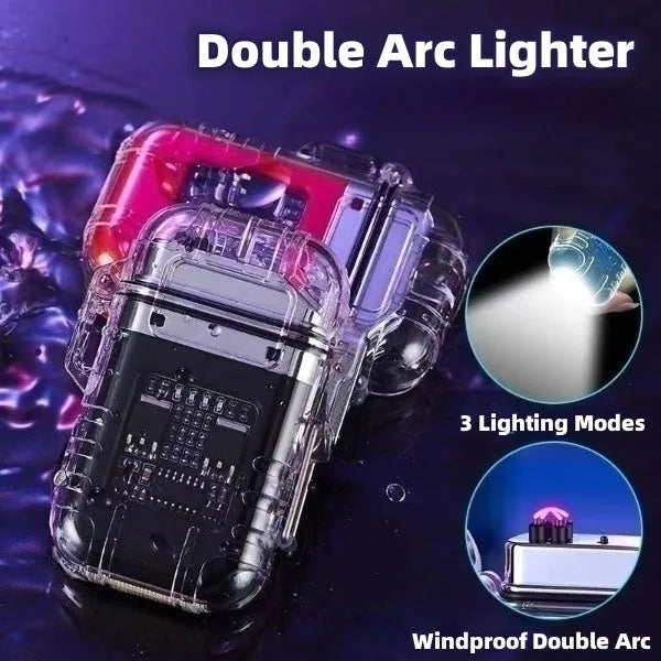 Transparent plastic dual arc lighter with USB charging port and side activation button