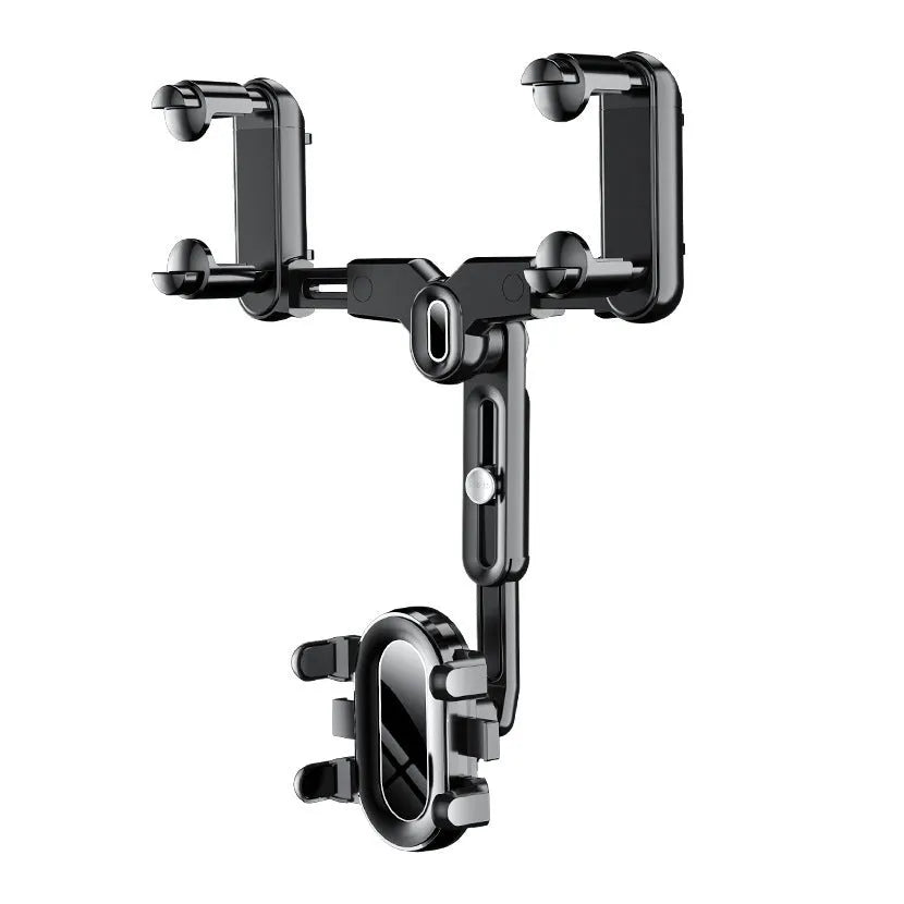 Universal retractable phone holder mounted on car rearview mirror showing 4.0-7.0 inch device capacity