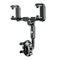 Universal retractable phone holder mounted on car rearview mirror showing 4.0-7.0 inch device capacity