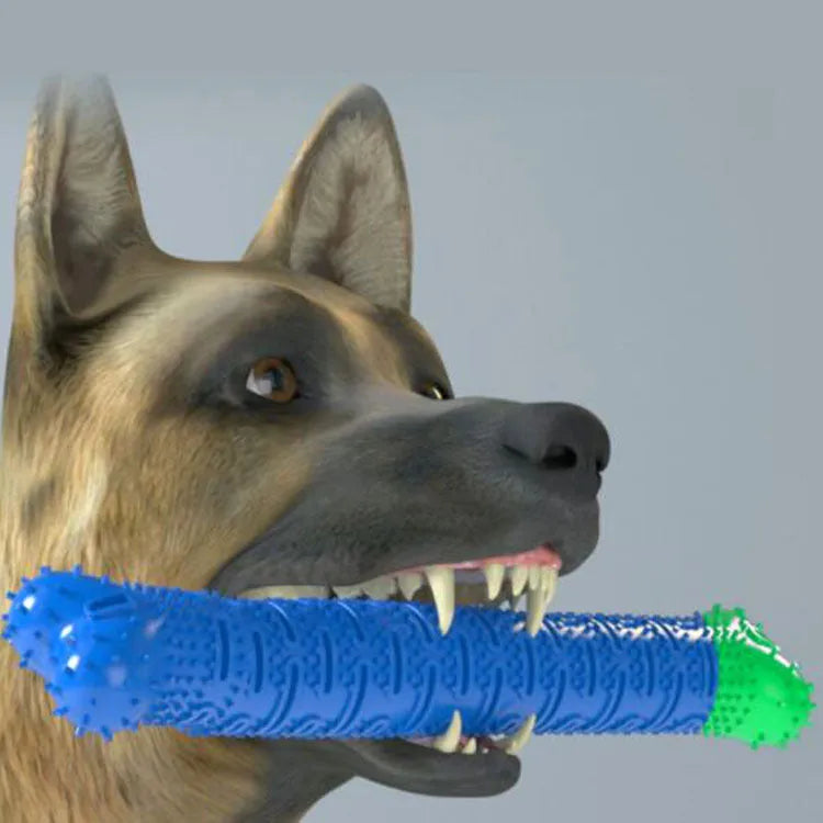 Blue Green Pet Molar Tooth Cleaner, a 25cm silicone brushing stick with serrated head and crevice for dog teeth cleaning