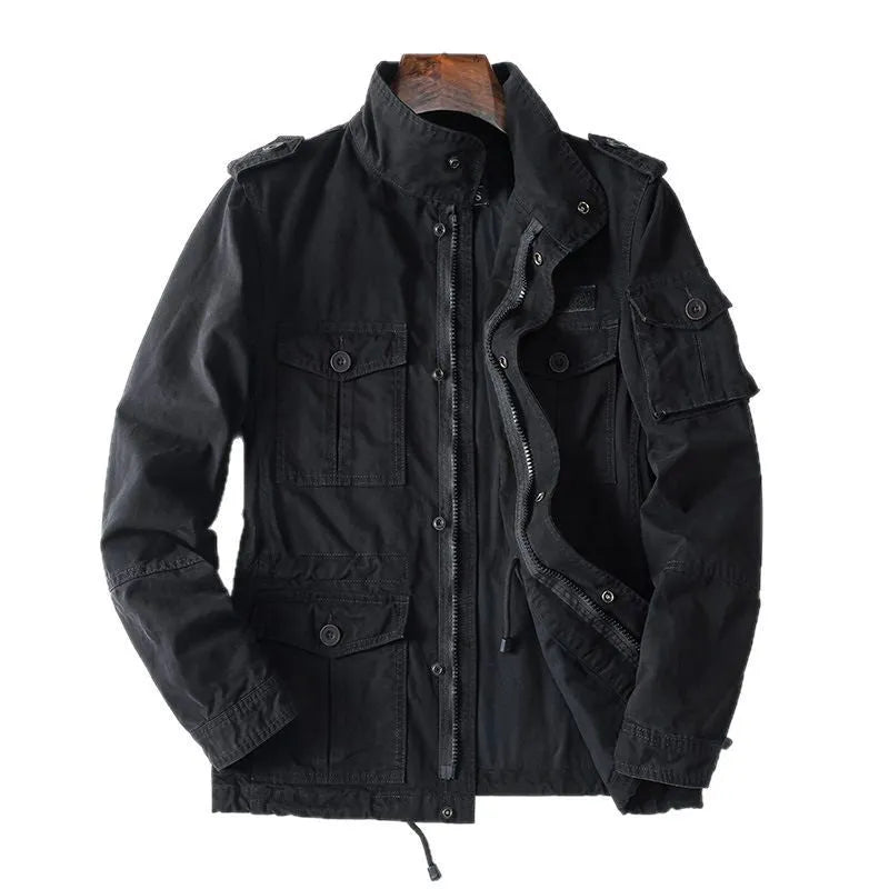 Men's loose fit cotton zip-up jacket in light coffee colour, shown on a model.