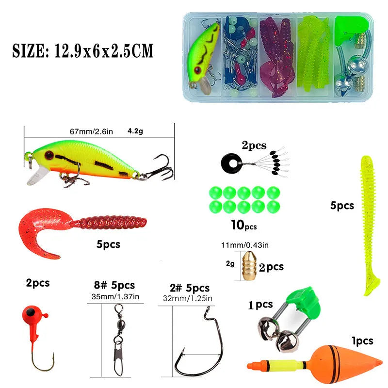 Children's fishing rod starter kit with a coloured pole, spinning wheel and a small bait and accessory box.