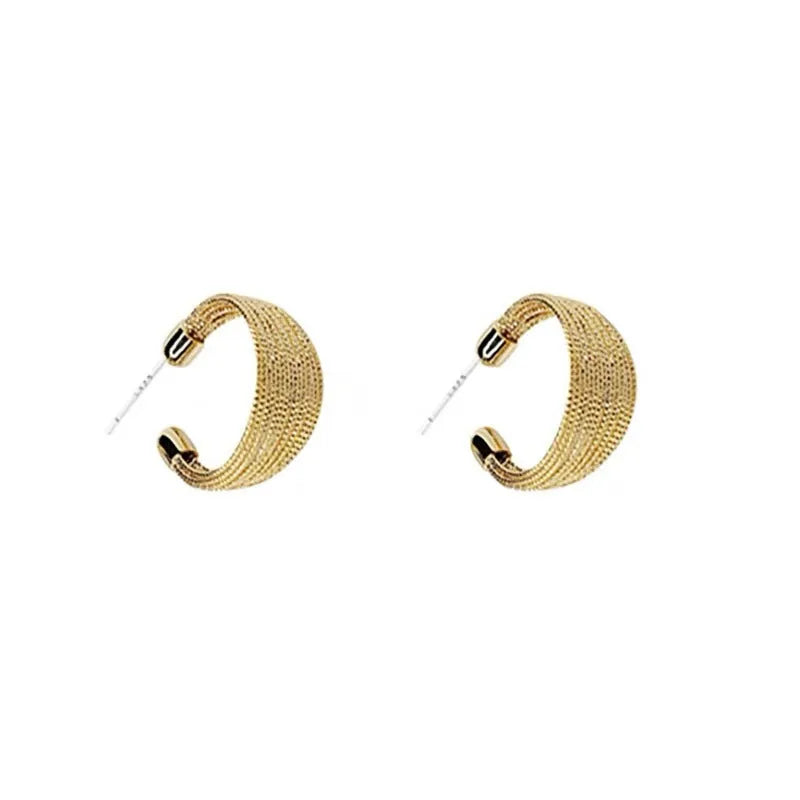 Geometric multi-layer copper earrings with electroplated silver or gold finish, showing stud and clip-on design options