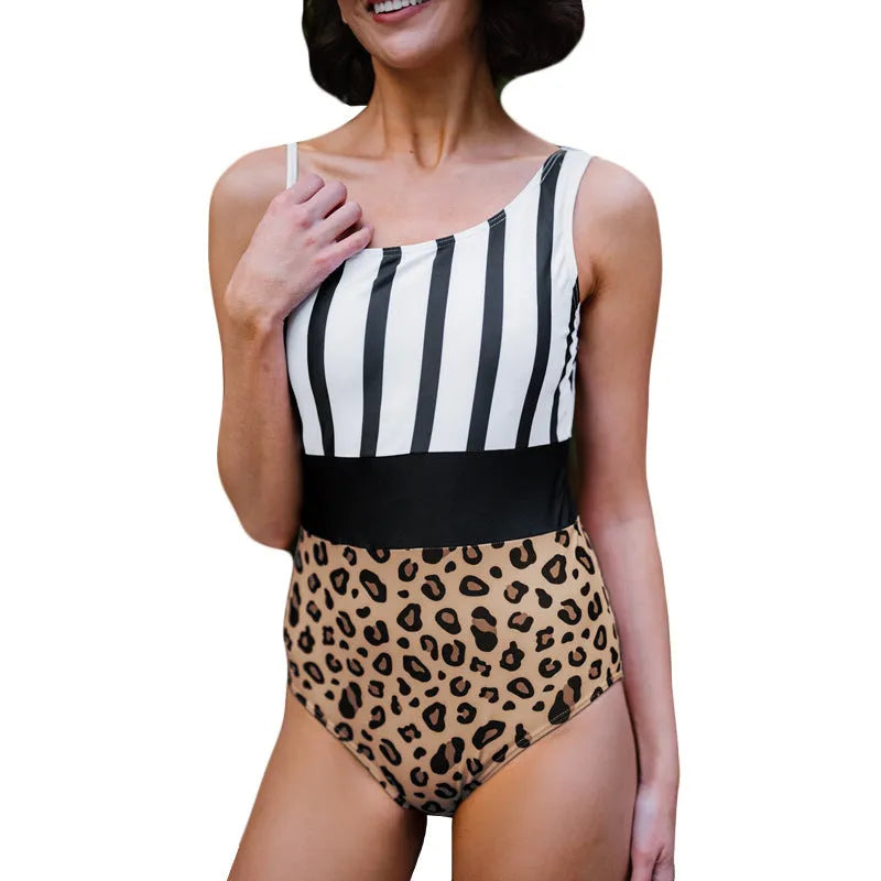 Women's leopard print one-piece swimsuit with asymmetric collar and high waist design for swimming