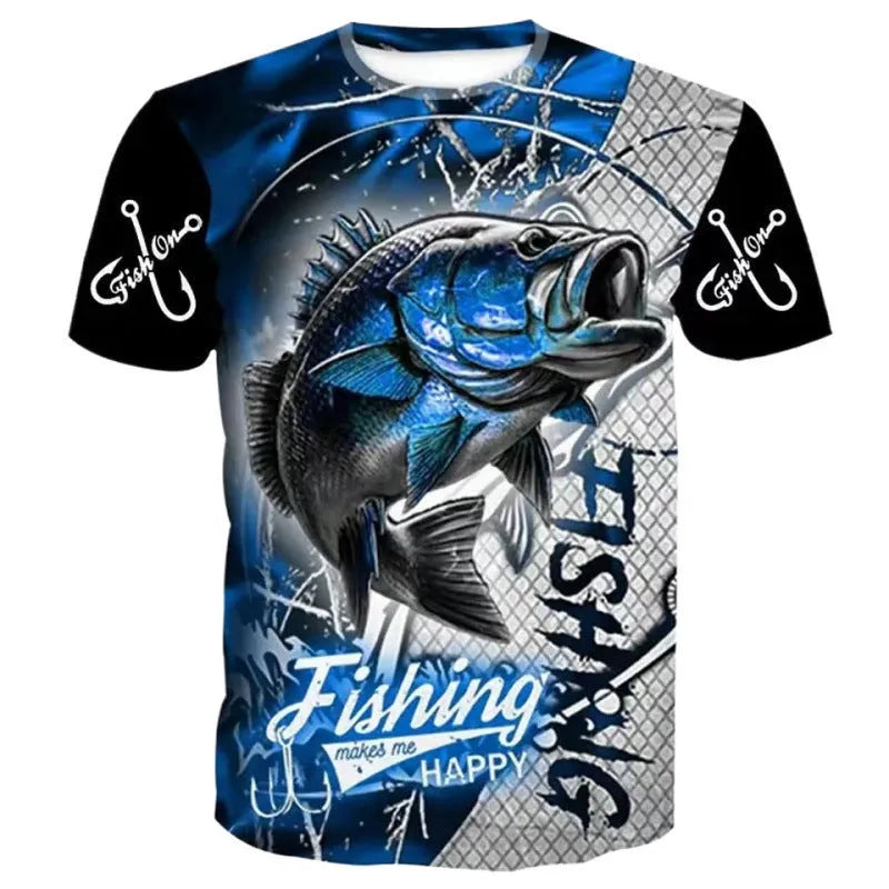 Men's loose fit grey t-shirt with a detailed digital print fishing scene design on the front.
