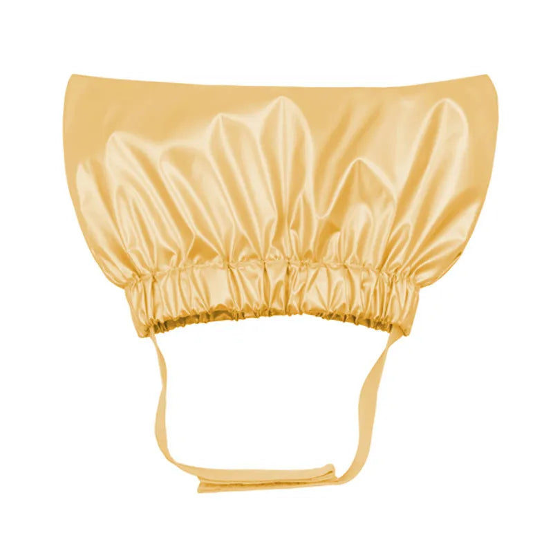 Adjustable waterproof shower cap for pets in gold colour showing 18-22cm size range