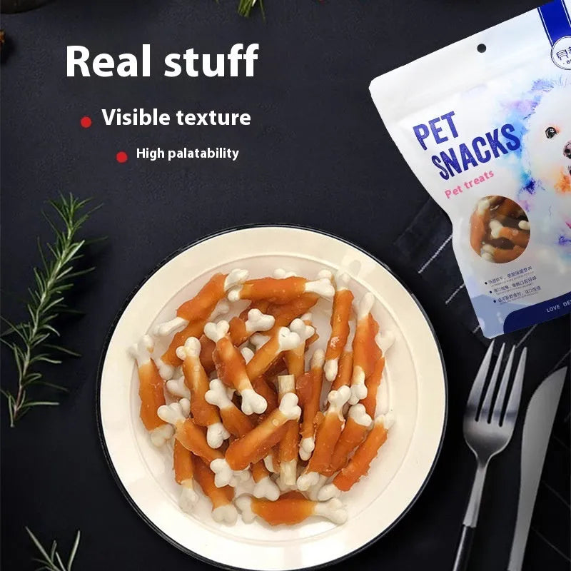 Betty Chicken Wrapped Calcium Bone dog treats 400g pack showing chicken wrapped around bone core