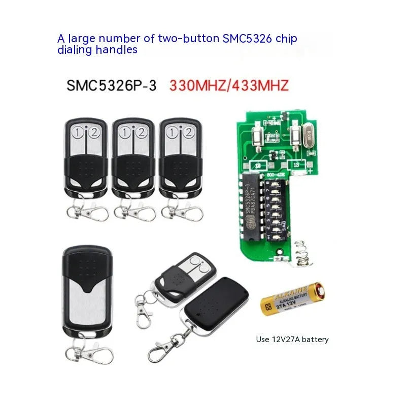 Black plastic dial remote control handle with two keys, SMC5326 chip, for 330MHz or 433MHz door control systems.