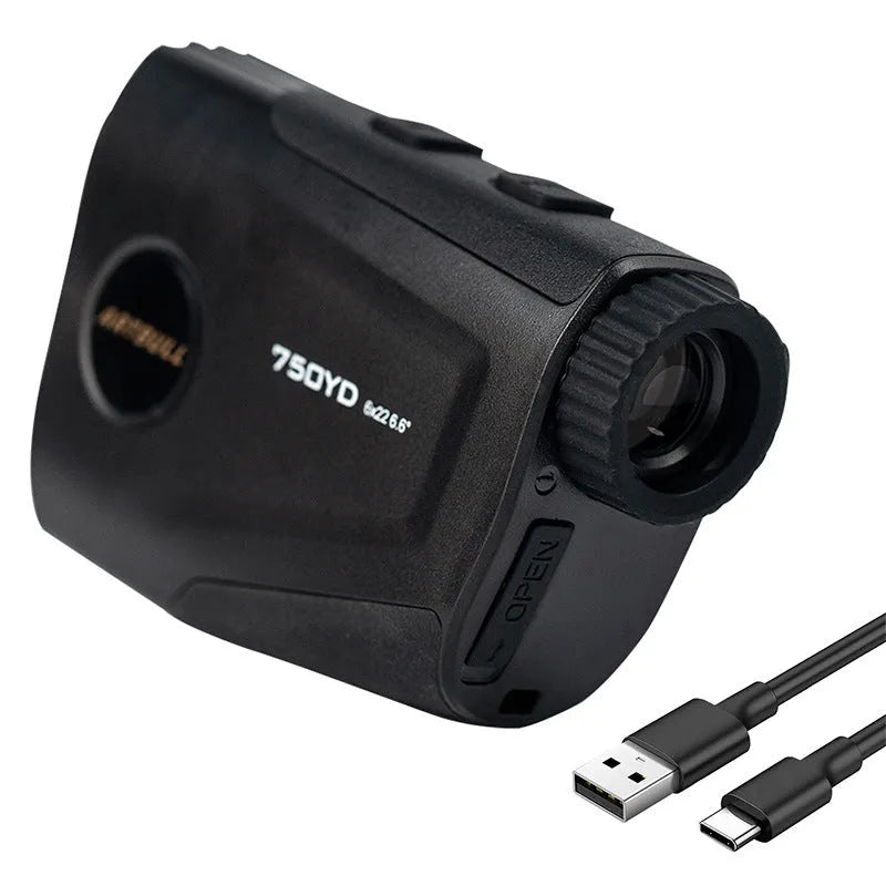 Golf laser rangefinder with LCD display showing distance measurement, flag lock function, and Type-C charging port