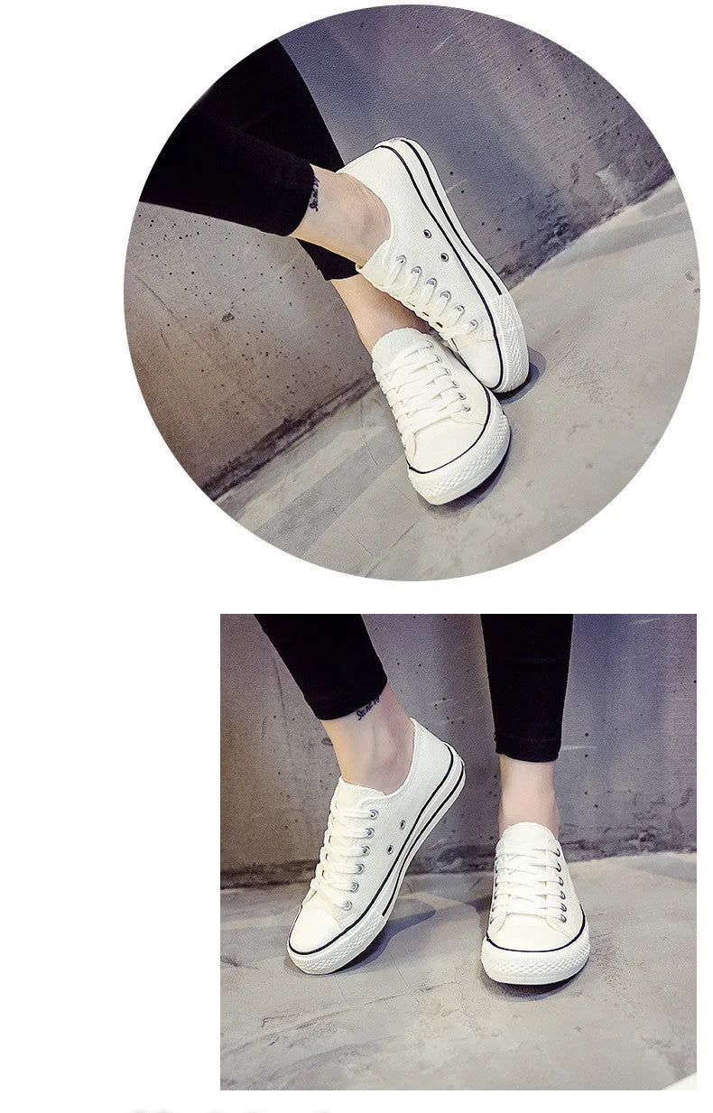 Women's canvas shoes in solid colours with canvas upper, sizes 35-44, on a neutral background.