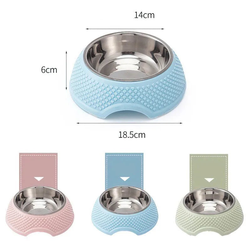 Stainless steel pet bowl with non-slip base in blue, green, or pink, 19cm diameter