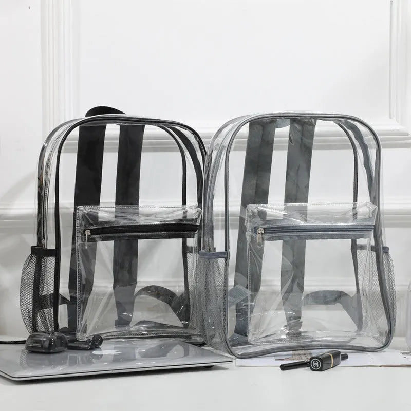 Transparent large PVC backpack in sapphire blue colour, showing contents inside.
