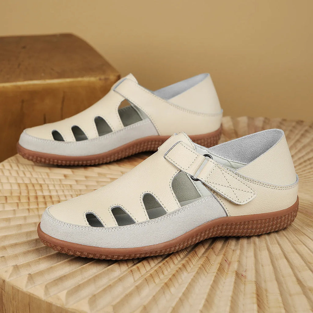 Women's blue plus size flat sandals with hollow-out design and toe cap