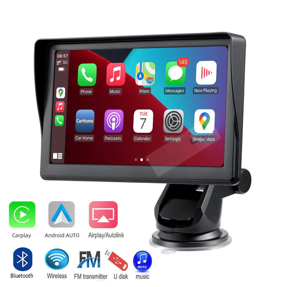 7-inch IPS car smart screen with Wireless CarPlay on windshield, showing navigation display and retractable bracket