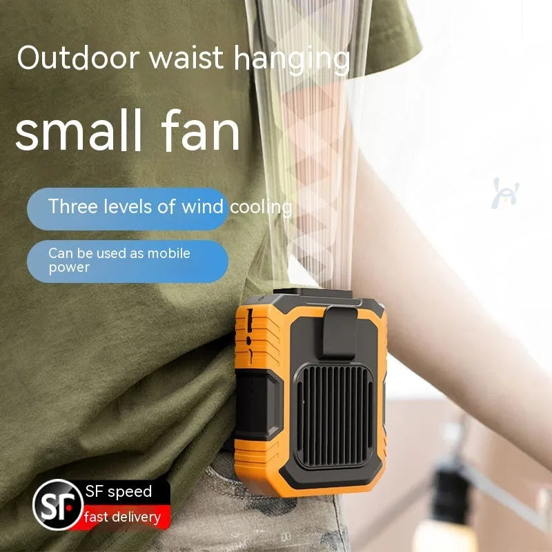 Green wrist-hanging personal fan with USB port and LED light, showing compact design.