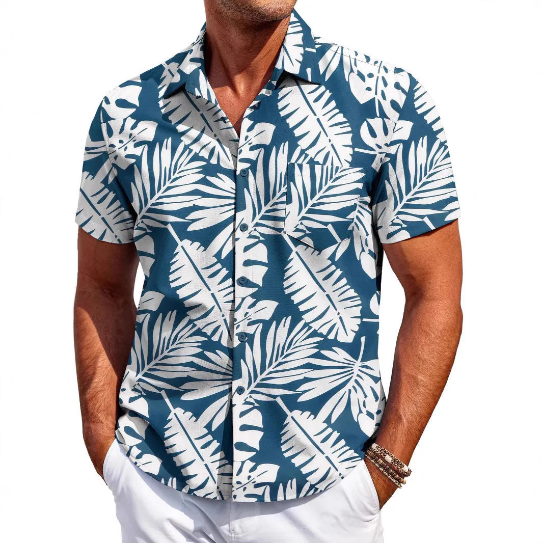 Men's slim fit short sleeve cardigan shirt in elastic polyester, sizes S-6XL, summer daily wear