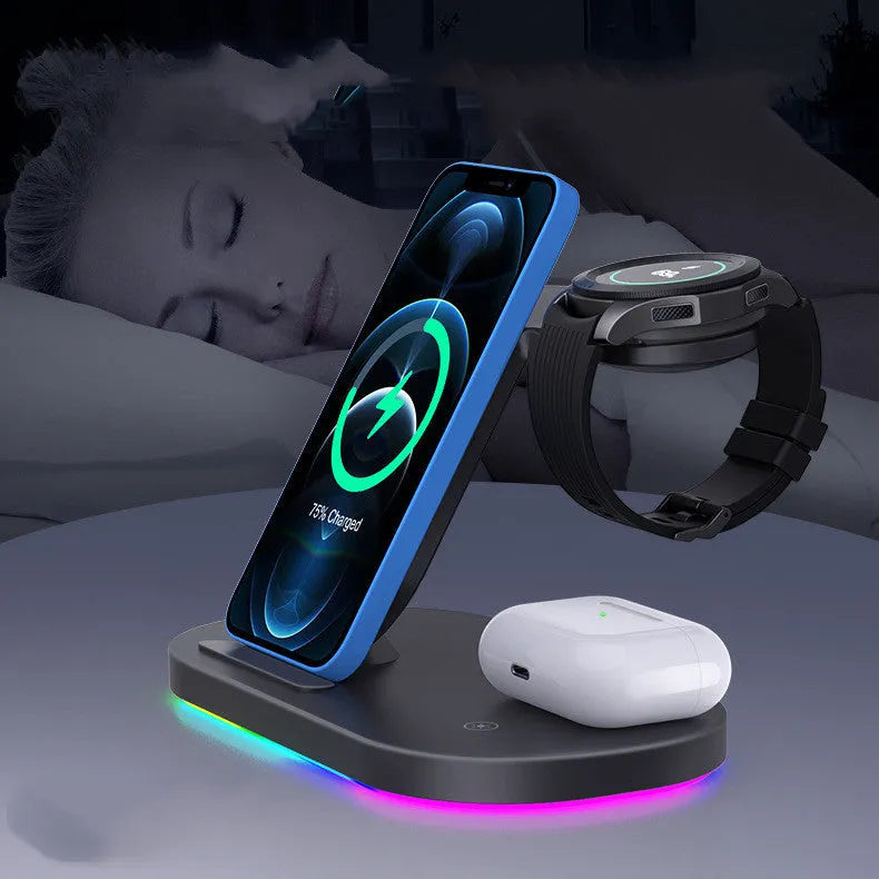 15W three-in-one wireless charger for mobile phones and watches in black and white colours