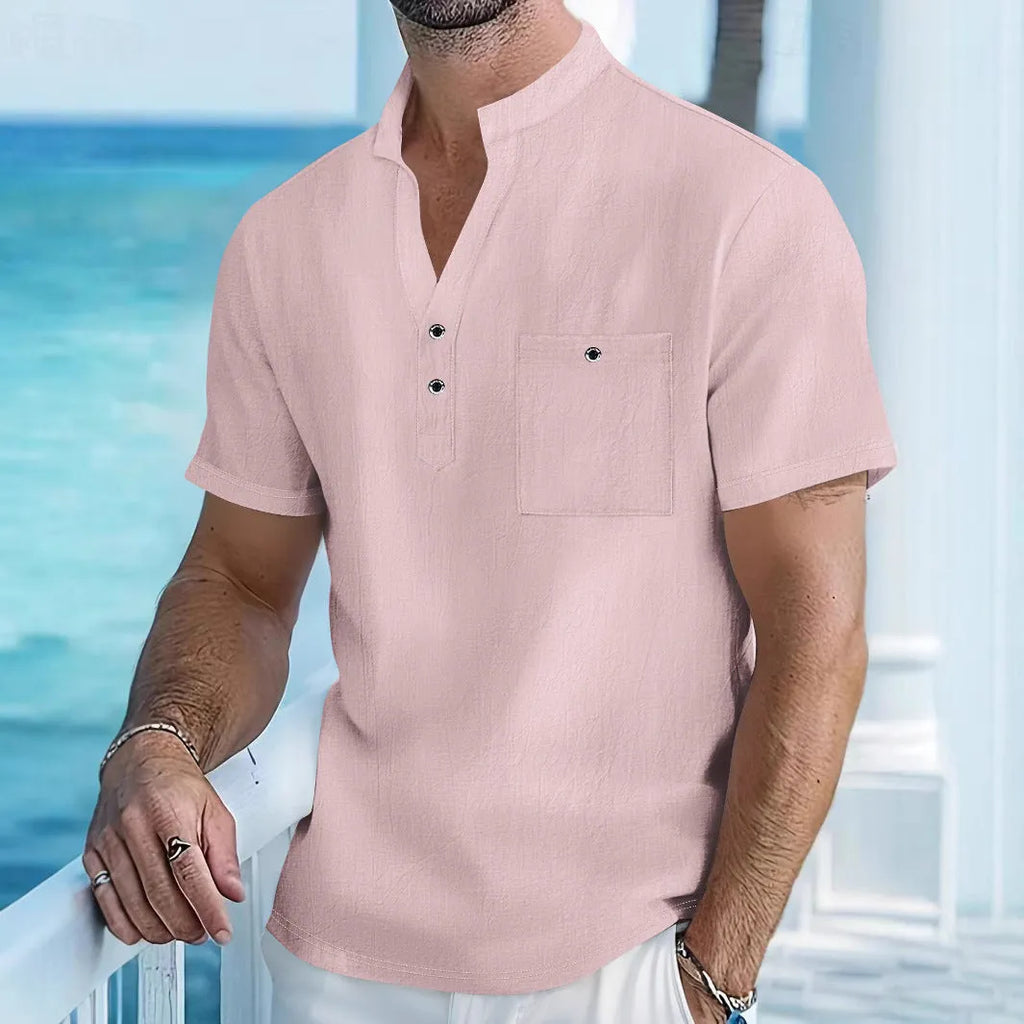 Men's loose-fit linen stand collar T-shirt in solid colour with short sleeves, shown in apricot on a hanger.