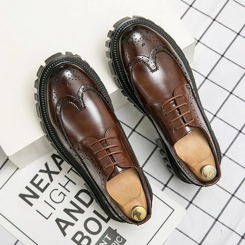Men's black and brown brogue business shoes with round toe and artificial PU uppers