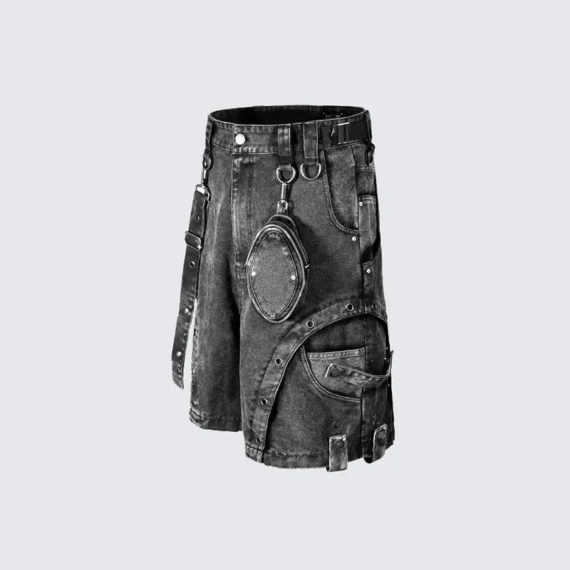 Washed blue loose fit high waist denim shorts on a hanger, showing street style design.