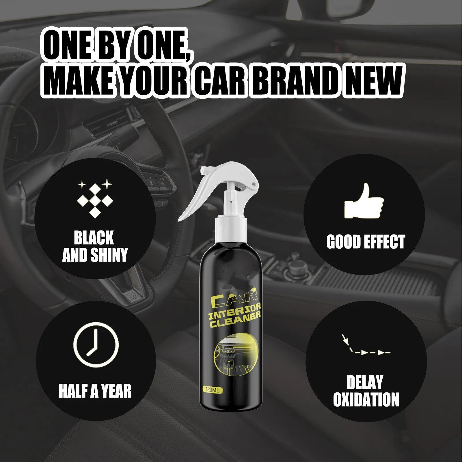 120ml car interior renovation cleaner bottle for leather and plastic surfaces, 18cm tall