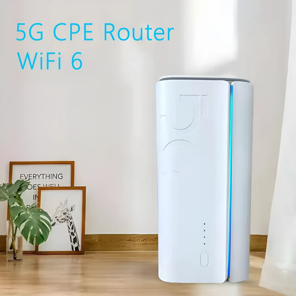 Slim 4G wireless router on a desk next to a SIM card and mobile phone.