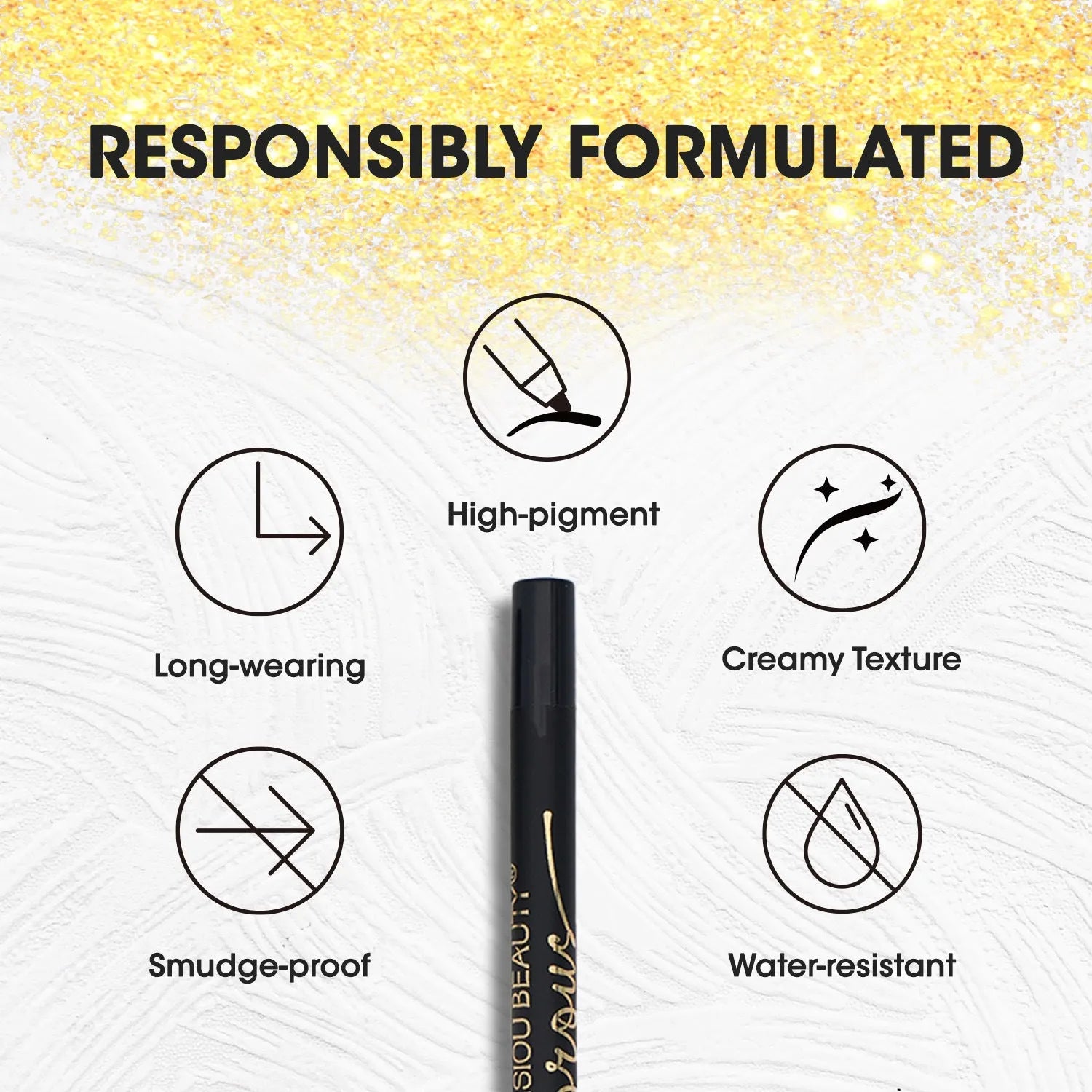 Black waterproof liquid eyeliner with applicator for smooth uniform application