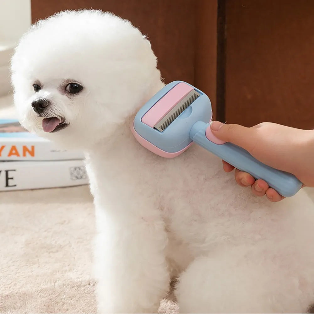Blue pet grooming brush with double-sided de-shedding rake and de-matting comb, measuring 195mm long
