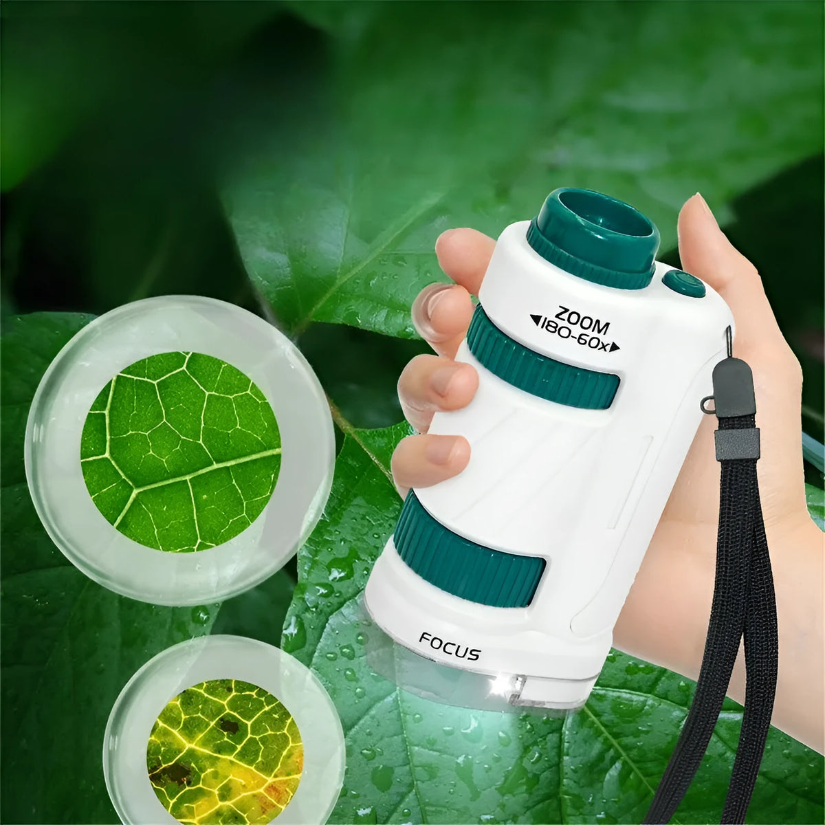 Portable plastic microscope set with specimen slides in white-green and white-black colour options.