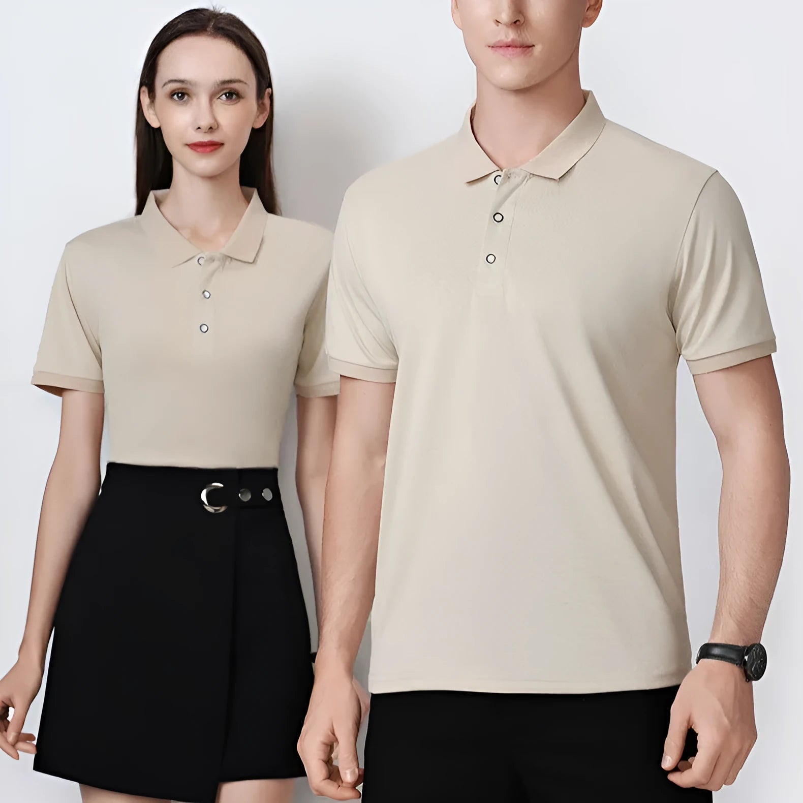 Ice silk short sleeve polo shirt pullover on a hanger, showing the collar and advertising logo.