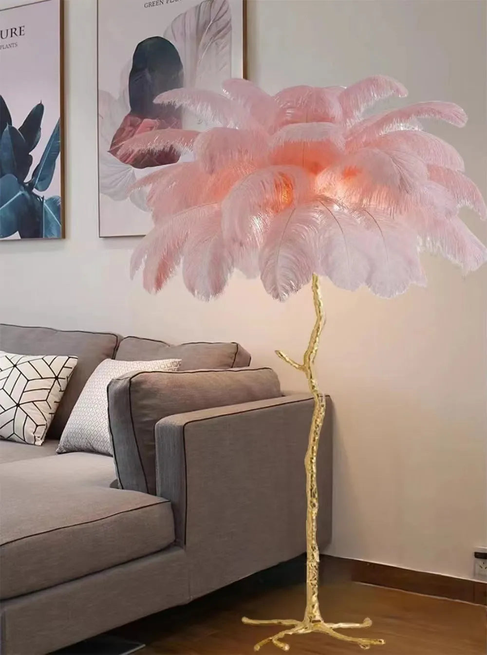 Decorative resin feather floor lamp standing 170cm tall with 32 individual feathers in choice of colours