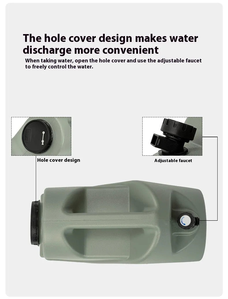 Green portable water storage tank in 13 litre or 18 litre size for camping and home use.