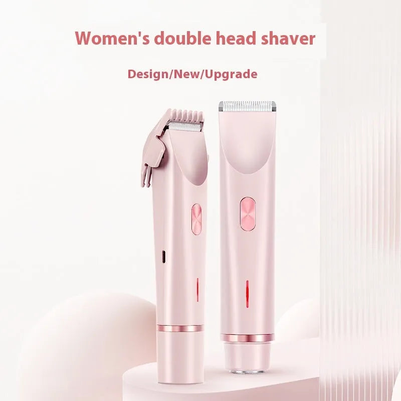 Pink women's electric razor and trimmer with two heads, USB cable, and brush on a white background.