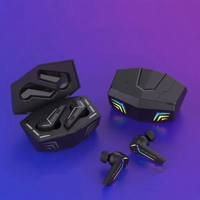 Black wireless Bluetooth headset with earplug design for sports and gaming, showing compact size