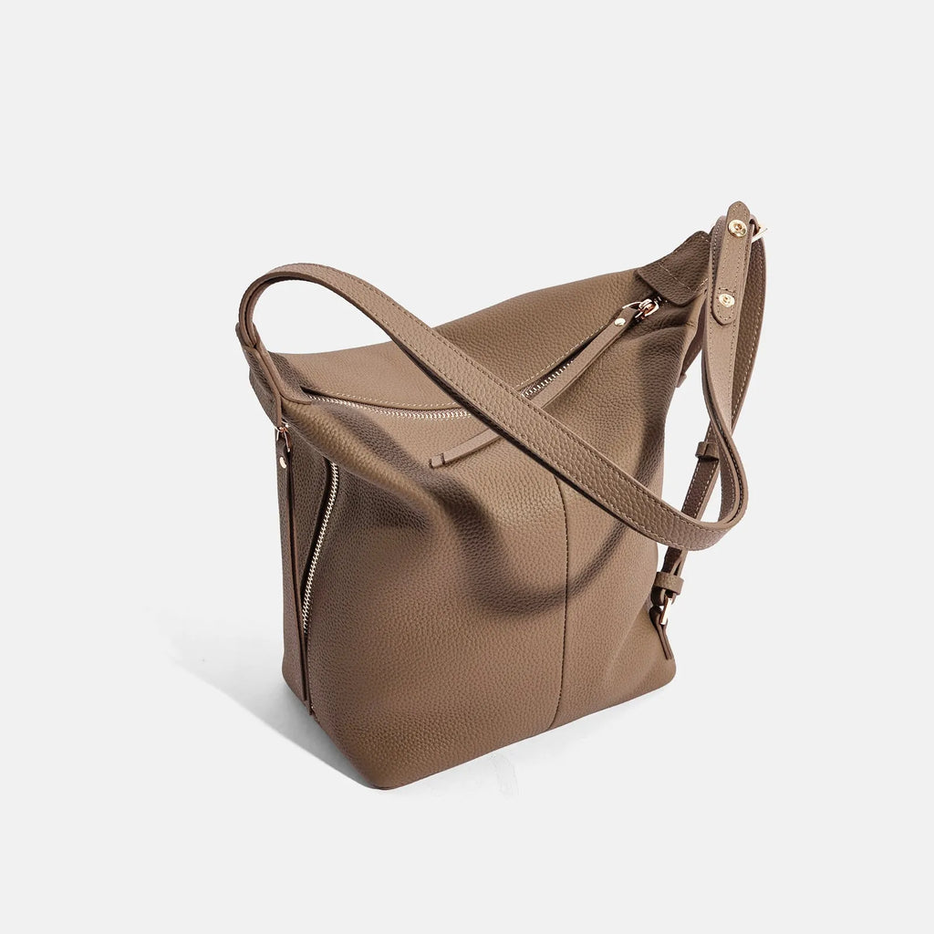 Women's genuine cowhide leather bucket shoulder bag in elephant grey colour showing soft texture and large capacity design