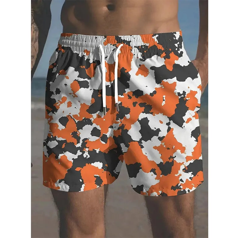 Men's elastic polyester beach shorts in printed streetwear design for travel and swim