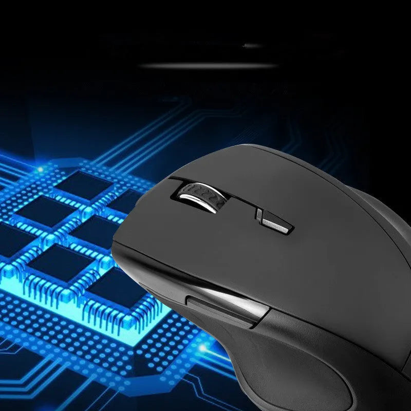 Black voice control wireless mouse with seven buttons and USB receiver.