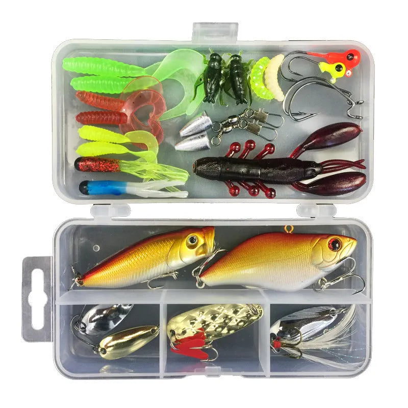 Junior fishing lure suit set with multiple baits inside a clear plastic PP storage box.