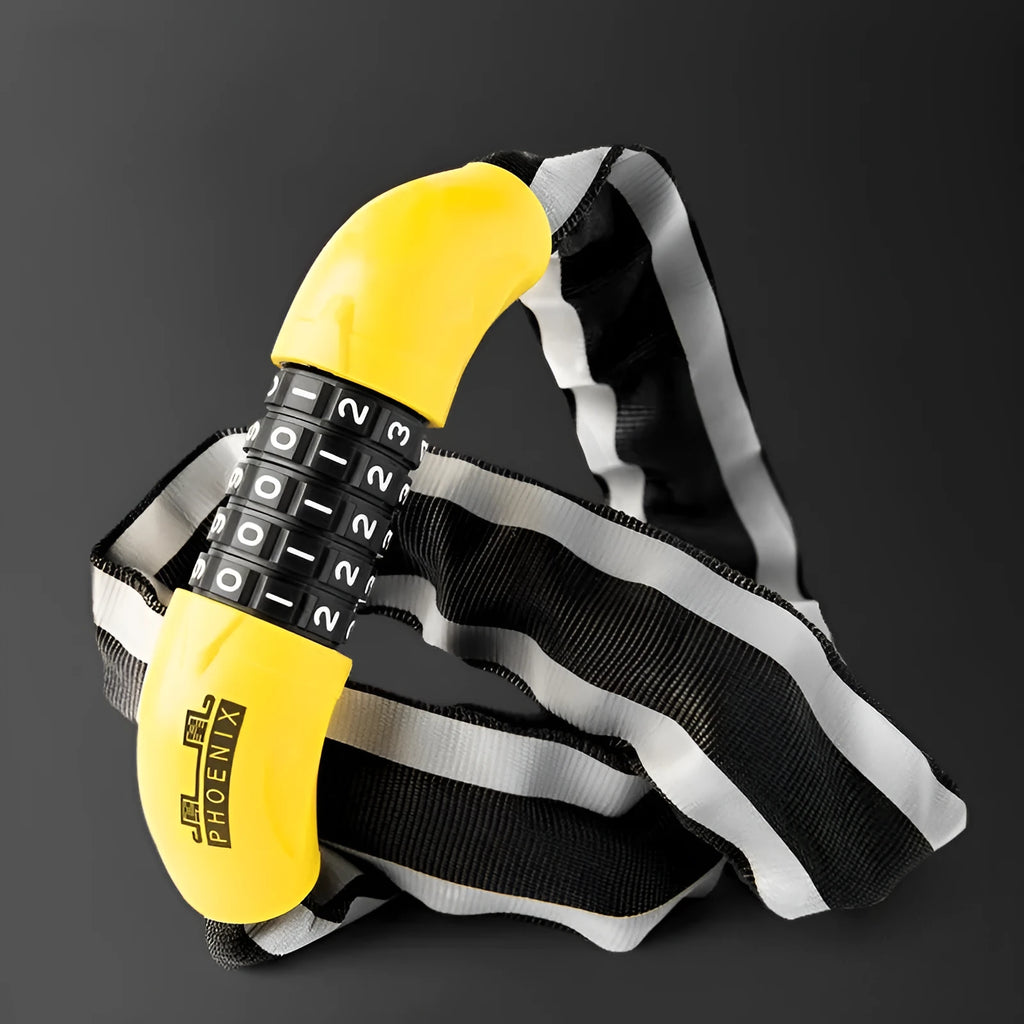 Black and yellow 95cm zinc alloy mountain bike chain lock with keychain and password combination options.