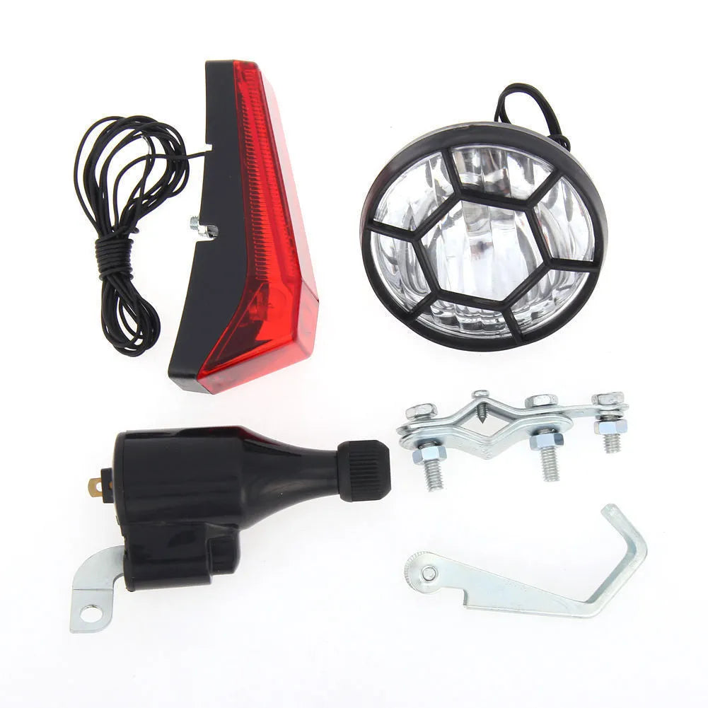 Silver bicycle generator light modification kit with dynamo for friction-powered 12V 6W lighting