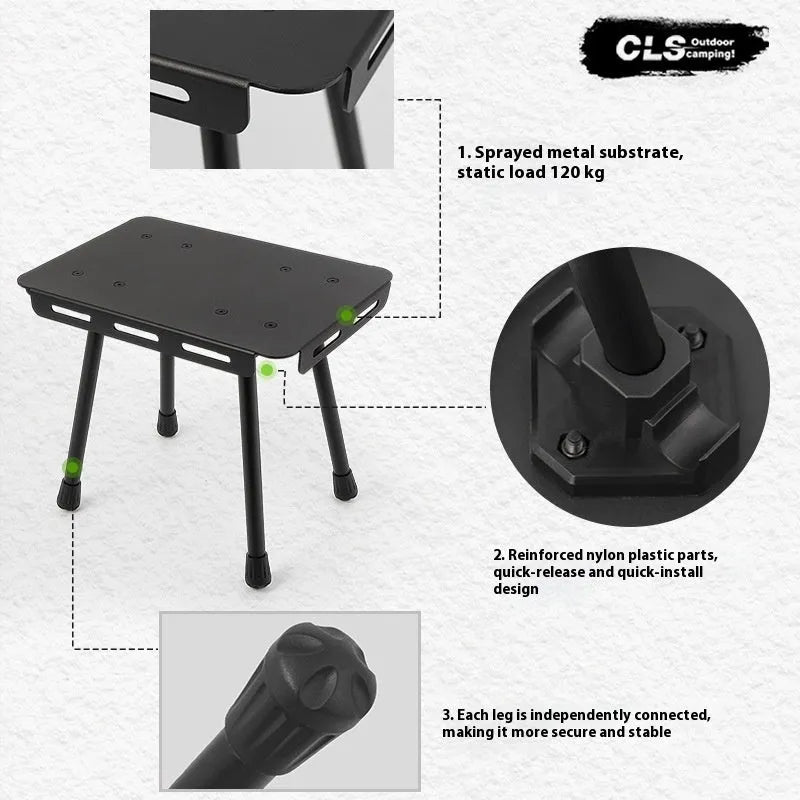 CLS Outdoor dual-use folding stool in aluminium alloy, showing stool and table configurations with storage bag