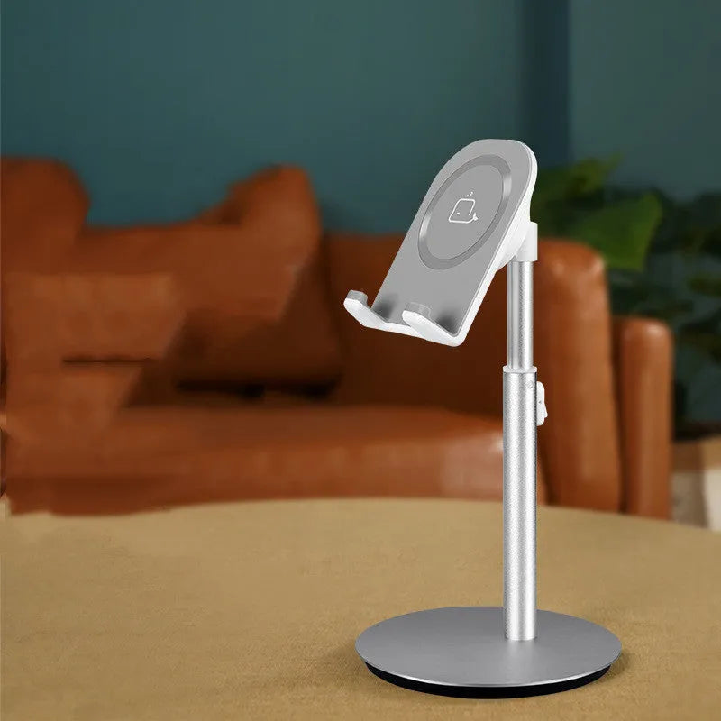 Silver S1 model metal desktop holder with a mobile phone and tablet showing universal 3-11 inch fit.