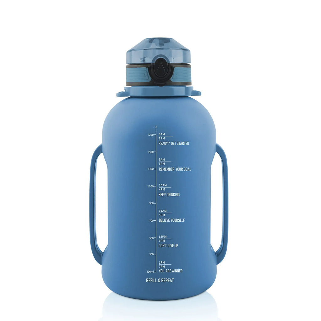 Large black collapsible silicone sports water bottle shown full and folded next to a backpack.