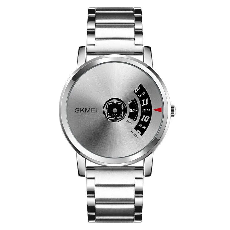 Personalised business men's quartz watch with 39mm dial, 9mm thickness, alloy case and steel belt in silver or black finish.
