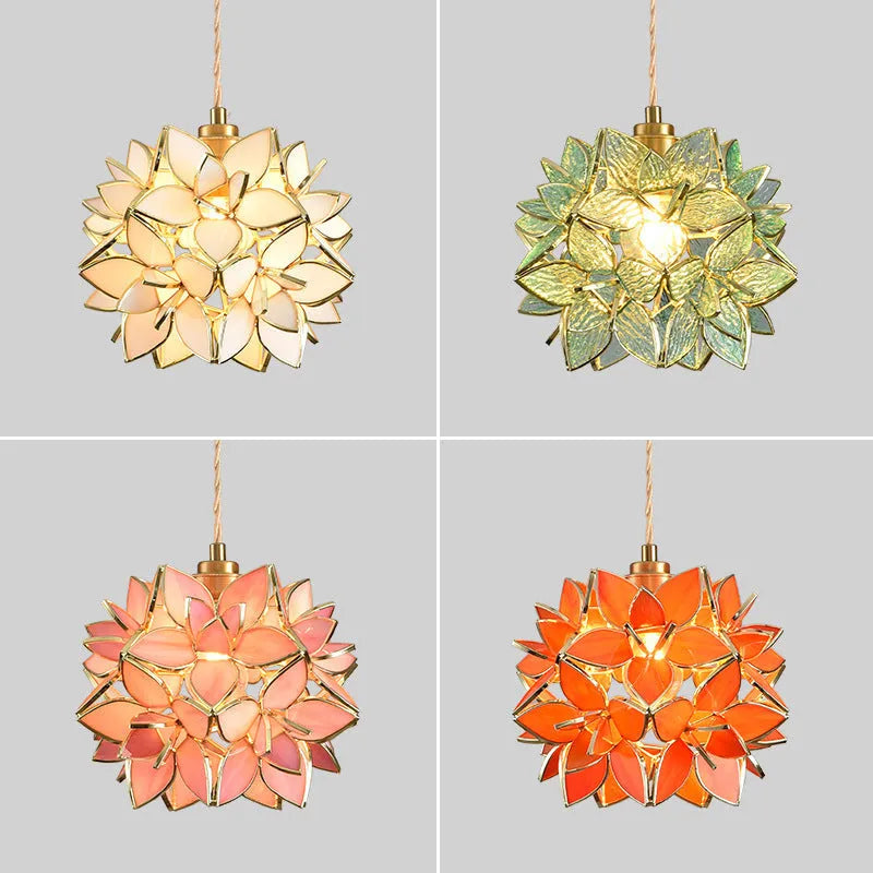 Stained glass hanging chandelier with copper lamp heads showing coloured glass shade options