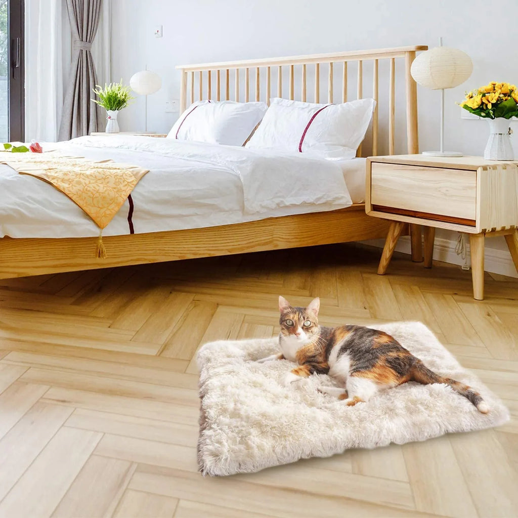 Grey double layer pet blanket nest with fluffy plush top and black non-slip bottom.