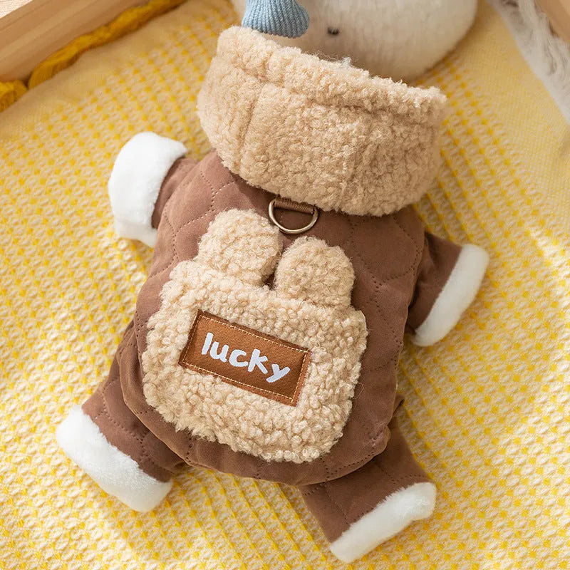 Four-legged plush dog coat with quilted outer layer, D-ring, bear ears, and patch pocket in olive green.