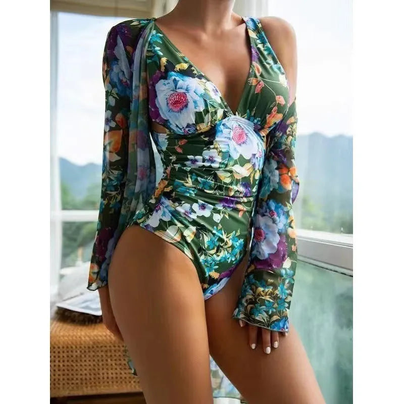 Women's floral tight bikini three-piece suit in green with coat for swimming sports, sizes S M L